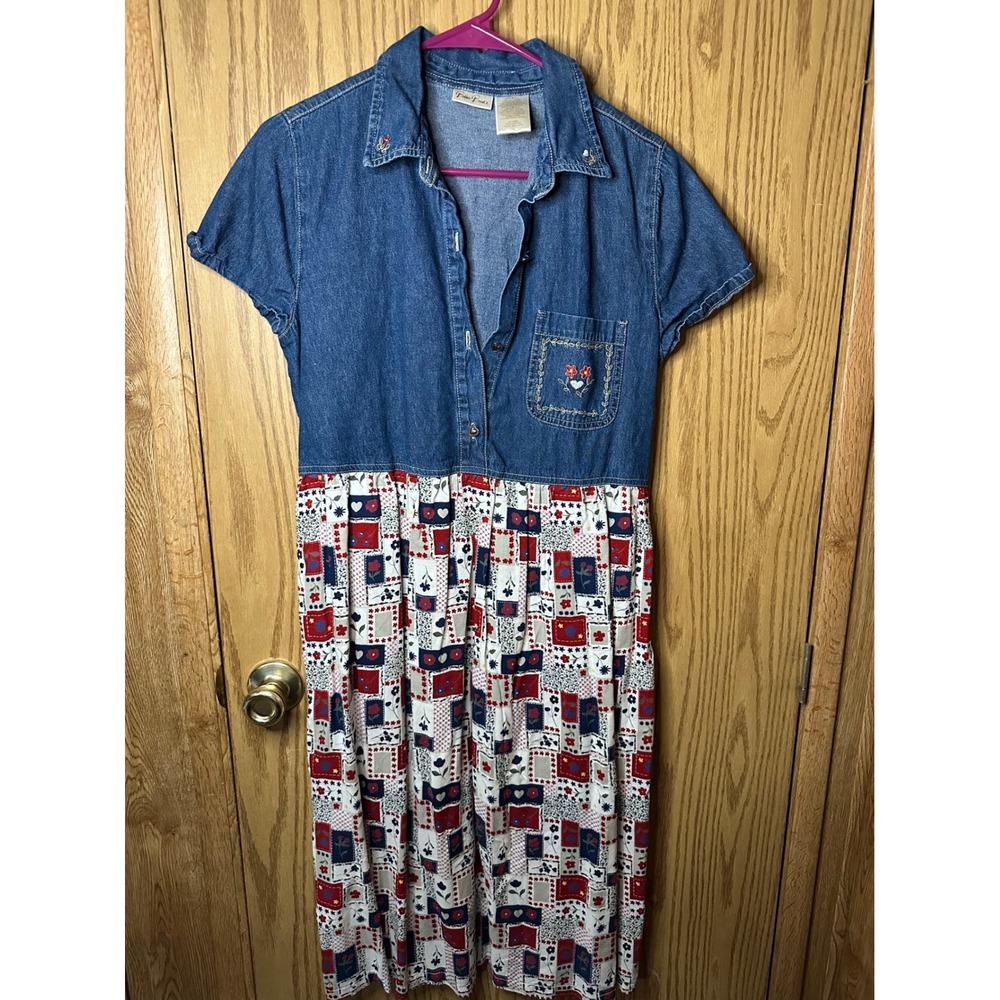 Bobbie Brooks Vintage Denim Patchwork Midi Dress Blue Red White Floral Medium